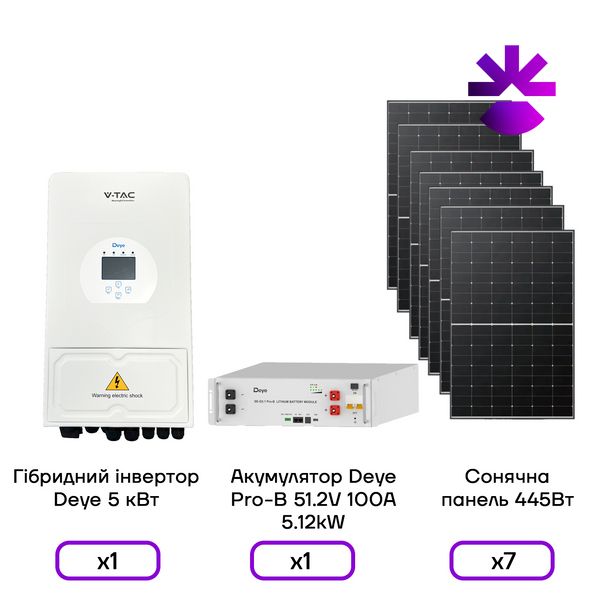 Гібридна сонячна електростанція на 5 кВт, Інвертор Deye 5кВт, Повний комплект СЕС 2308 фото